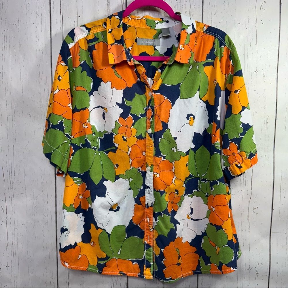 Liz Claiborne Tropical Floral Button Up Blouse 2X Orange Green Colorful Coastal